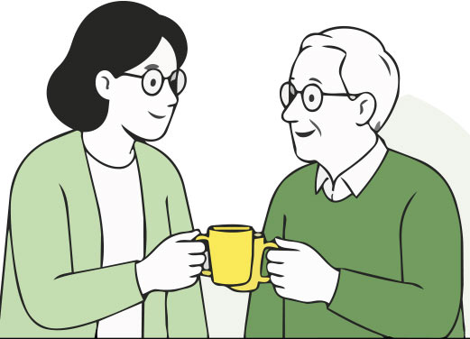 Junge Frau trinkt mit einem älteren Mann Kaffee