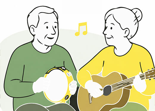 Frau spielt Gitarre mit einem älteren Mann, der eine Rassel hält