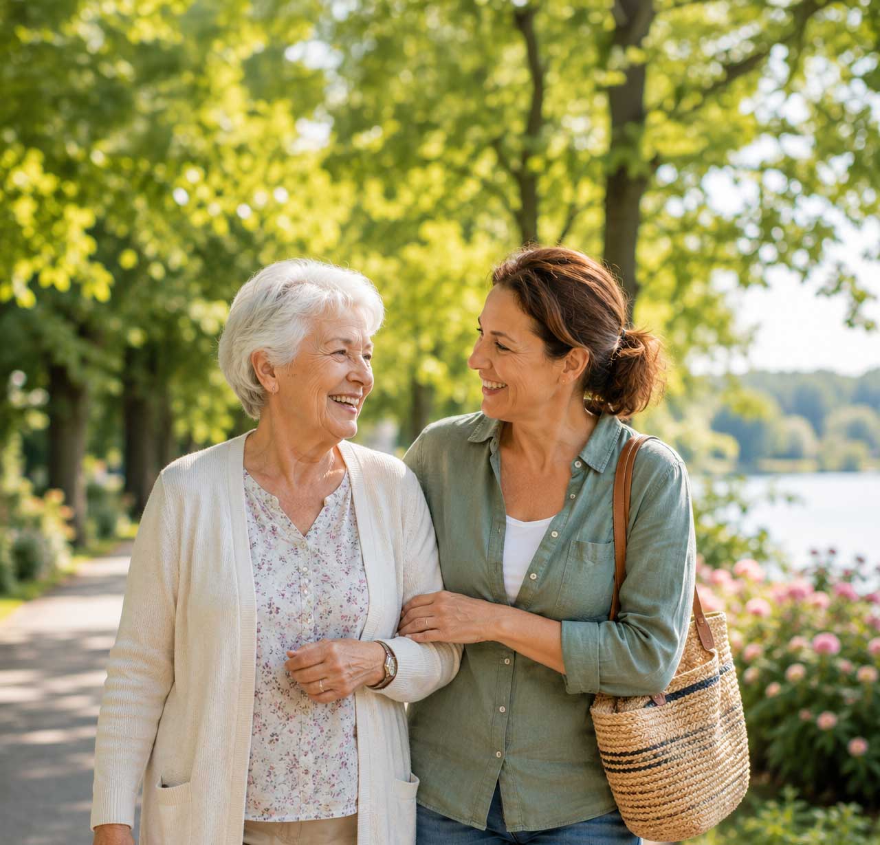 Zwei Frauen spazieren gemeinsam durch einen Park und lächeln sich an