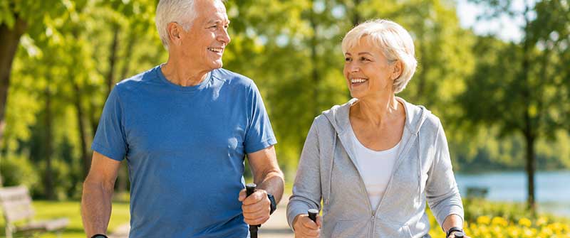 Älteres Paar geht mit Nordic-Walking-Stöcken durch einen Park